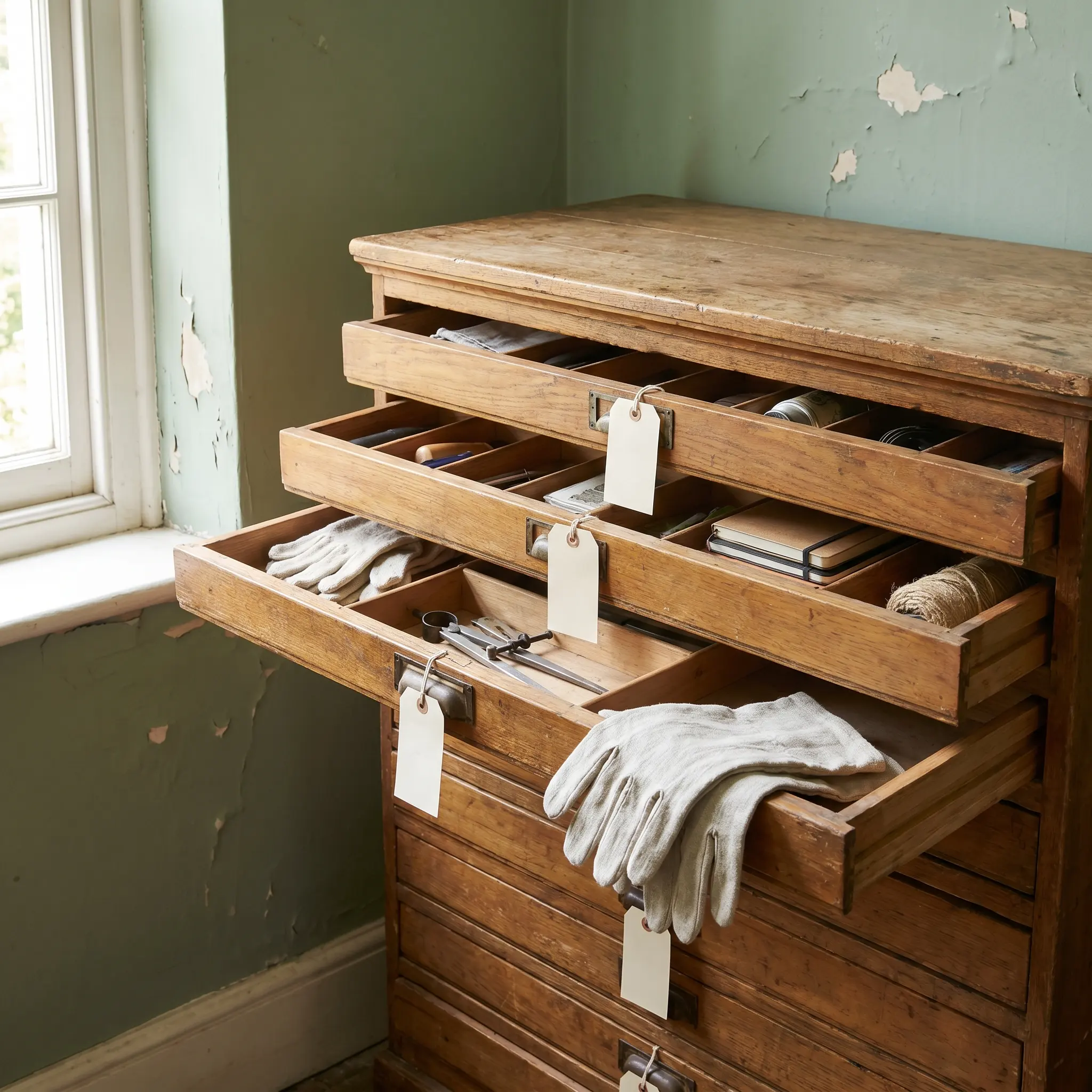Open specimen drawers and cabinet for everyday readiness objects
