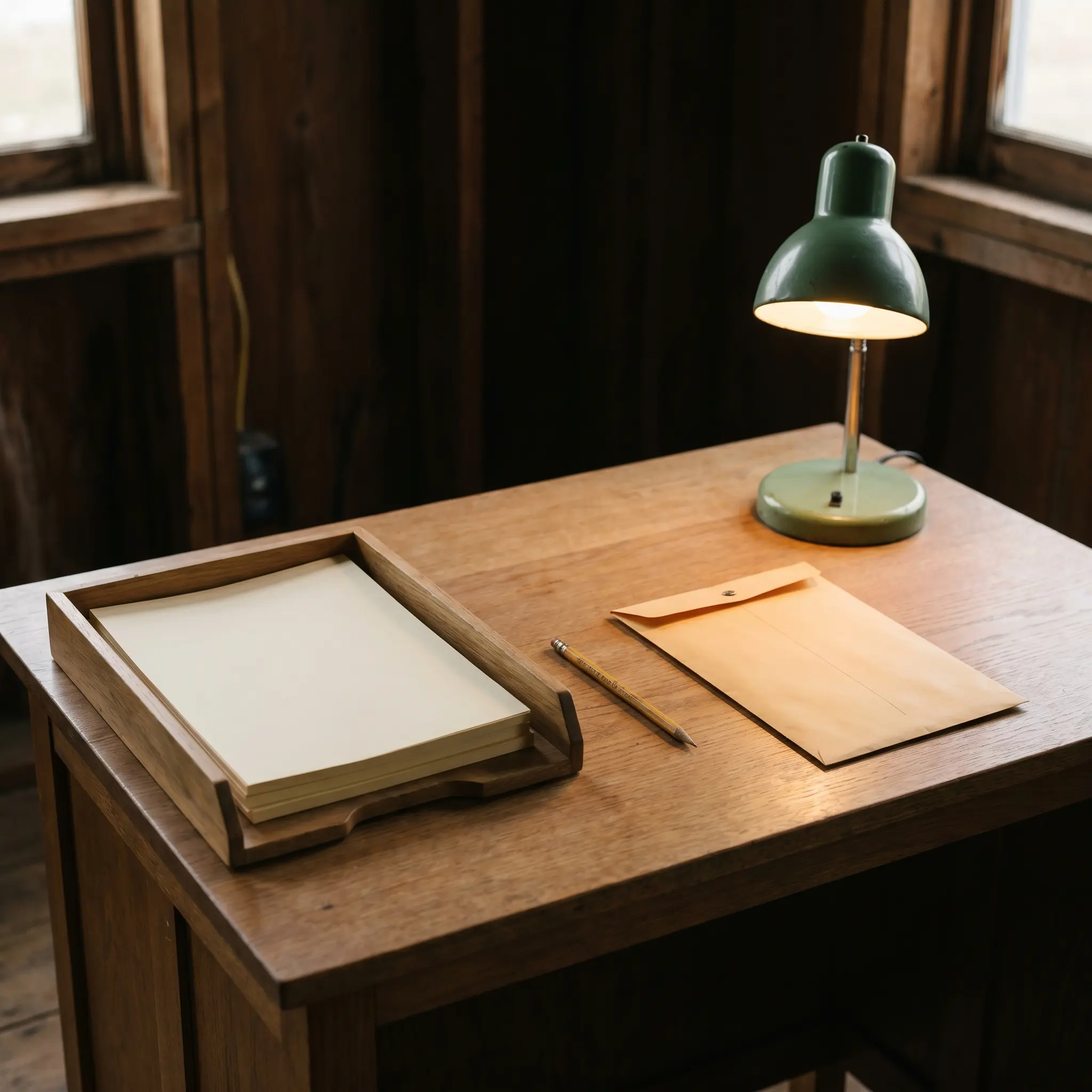 Receiving desk with blank forms, pencil, envelope, and small tray