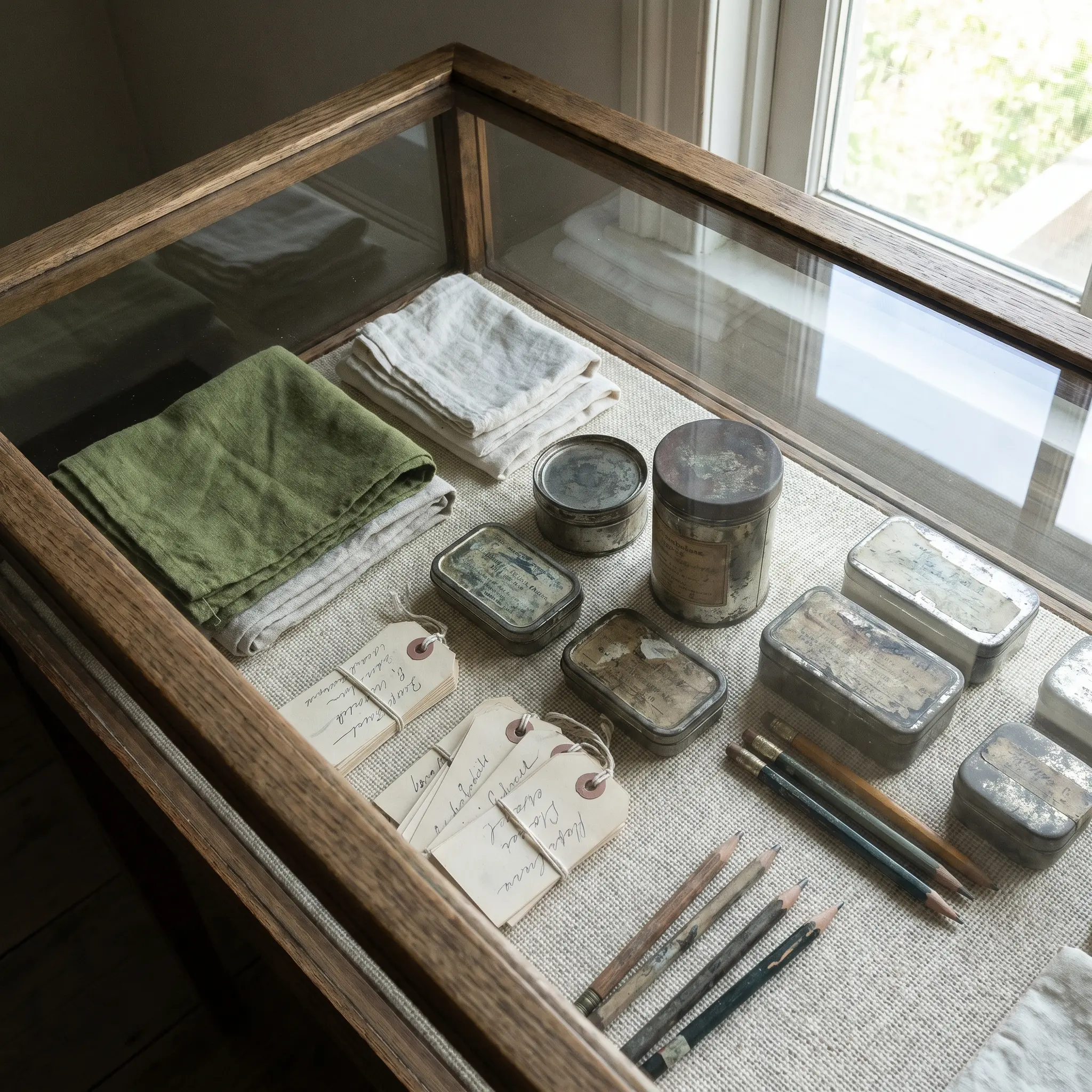 Overhead table of compact provisions arranged as a specimen theatre