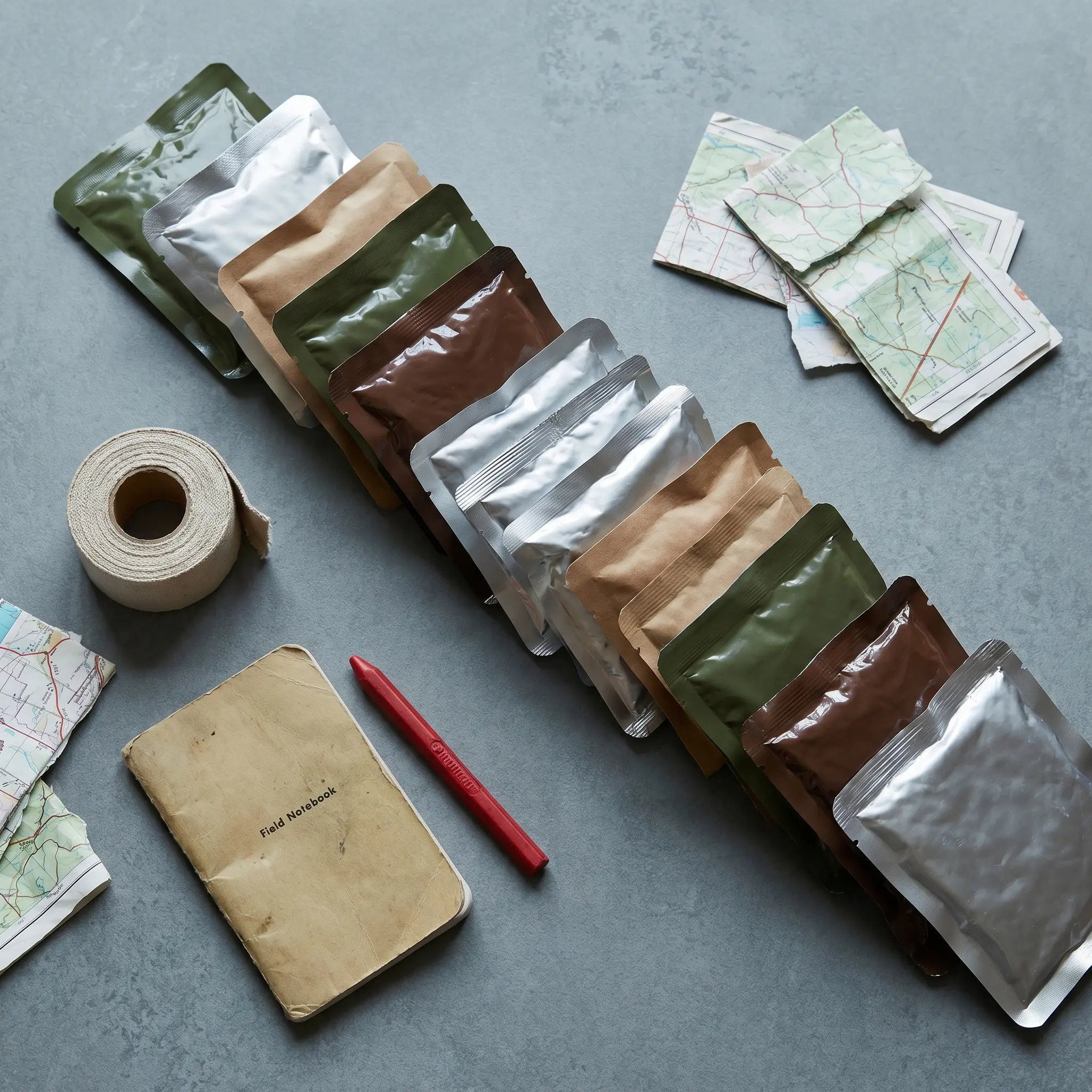 Diagonal row of portable packets and repair notes on a gray tabletop